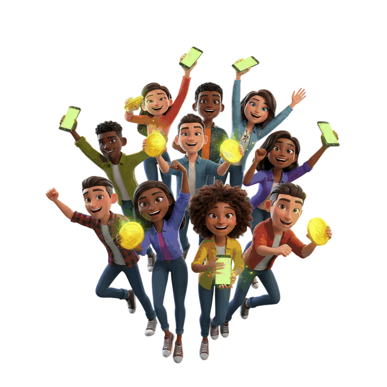 Happy players celebrating with coins